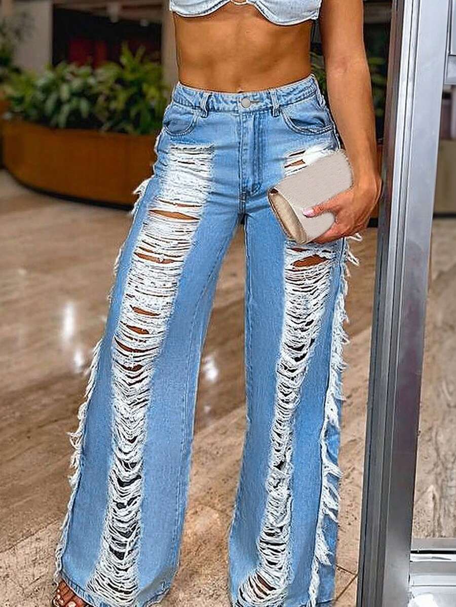 American Street Hot Mid Rise With Large Cut Edges, Women's Washed Jeans, Straight Leg Pants - Medium Wash - View 1