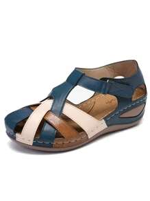 Sandalias de tacón inclinado tejido con hebilla de punta redonda retro de las mujeres - Azul - Ver 3