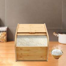 CNCEST Bamboo Rice Storage Container 33.07 Lbs Wood Rice Storage Box With Measuring Cup Cereal Storage Containers Rice Storage Container With Sliding Lid For Grain Cereal Soybean Corn