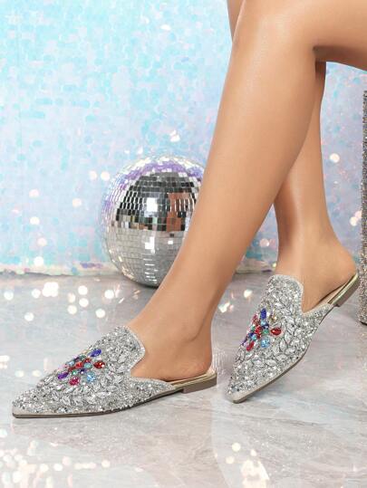New Style Backless Mule Flat Sandals With Colorful Handmade Rhinestone Pointed Toe, Versatile Women Shoes