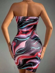 Women's Fashion Tie Dye Print Bodycon Strapless Mini Dress