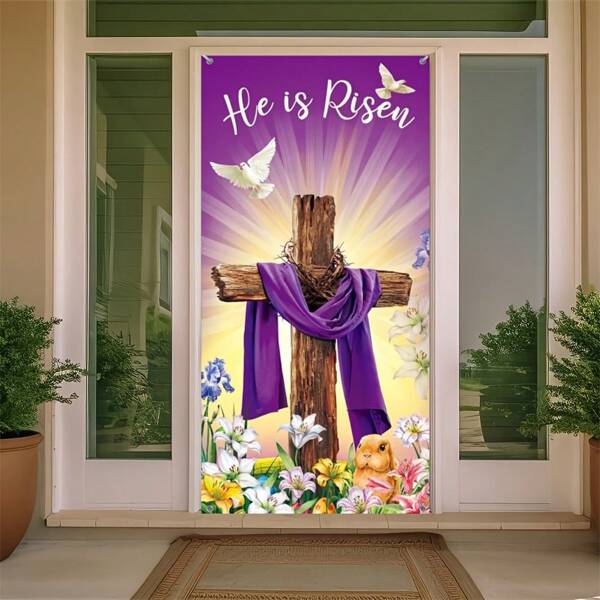 Happy Easter Day Decorations Easter Door Cover He Is Risen Porch Sign Easter Religious Door Cover Large Fabric Easter Cross Door Cover Background For Jesus Spring Easter Party Decor 70.8 X 35.4 Inch