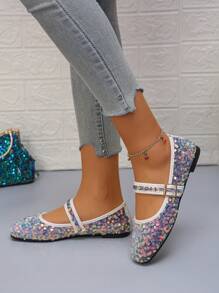 Women's Colorful Sequin Ballet Flats, New Autumn Casual Slip-On Soft Sole Flat Shoes, Random Pattern Design, Gray Color