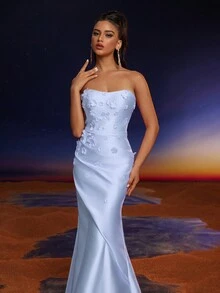 Anymoon 3D Hand Floral Ruffle Trim Mermaid Bridesmaid Dress - Baby Blue - View 6