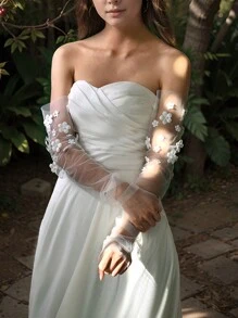 1 对串珠立体花朵新娘袖长网眼露指新娘手套婚纱配饰秋季服装女士