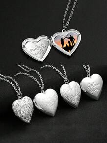 1 Pieza, Collar personalizado con forma de corazón, personalizable con fotos, disponible en 5 estilos, color plateado general, con corazón en forma de corazón personalizado grabado, se puede abrir como un colgante para guardar fotos.