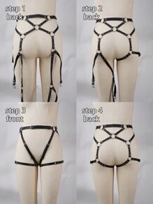 性感 PU 皮革女式紧身衣内衣女式肩带、大腿肩带长袜哥特式服装配饰，狂野 - 黑色 - 查看 7