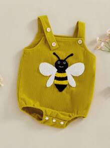 Baby Romper, Sleeveless Embroidery Ladybug Bee Fruit Mushroom Bodysuit Overalls For Girls Boys - 黃色 - 查看 3