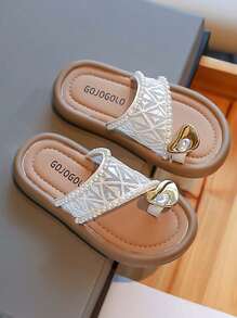 1 Pair Girls Soft Sole Non-Slip Mesh Pearl Heart Decoration Toe-Loop Fashionable Sandals, Suitable For Summer - Beige - View 15