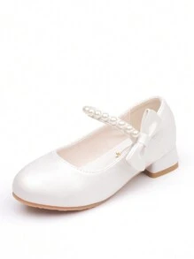 Girls White High Heel Shoes Princess Style Leather Shoes Spring & Autumn, Middle & Kids Shoes Suitable For Evening Dresses, Pearl Decoration