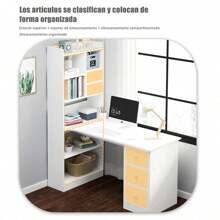 Escritorio con 5 Cajones y 7 Niveles de Repisas, Mesa de Ordenador Industrial Ideal, Mesa Home Office con Cajones, Escritorio en L Esquinero Apto para Oficinas y Dormitorios - Blanco - Ver 6
