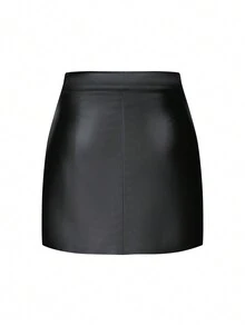 Giolshon Women's Four Seasons Spring, Fall And Summer Black PU Bustier Skirt Imitation Leather Elegant Short Skirt - Black - View 6
