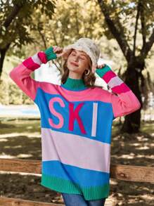 Women's 2024 Fall Winter Oversized Color Block Ski Sweaters: Cozy Crewneck Tops In S - 2XL - Màu Hồng Tươi - Xem 3