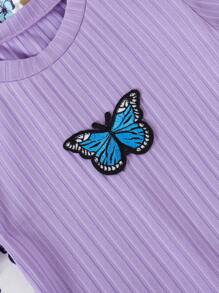 3pcs Young Girl Butterfly Print Solid Color Bodycon Cute Short Sleeve Dress Set