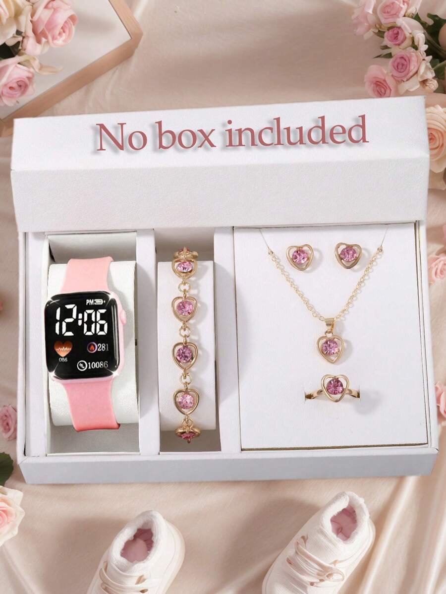 6pcs Fashion Cute Girl Square Cartoon Electronic Watch Best Necklace Bracelet Earrings Ring Gift For Girlfriend Halloween Decoration Christmas Gift School Style - Pink - View 1