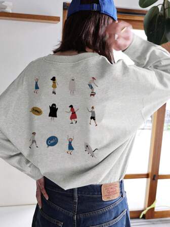女士休闲圆领超大图案印花长袖T恤上衣，百搭秋冬装