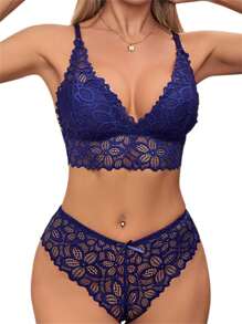 Women's Lace Lingerie Set V Neck Bra With Low Rise Thong Transparent Mesh Babydoll Set - Blue - View 4