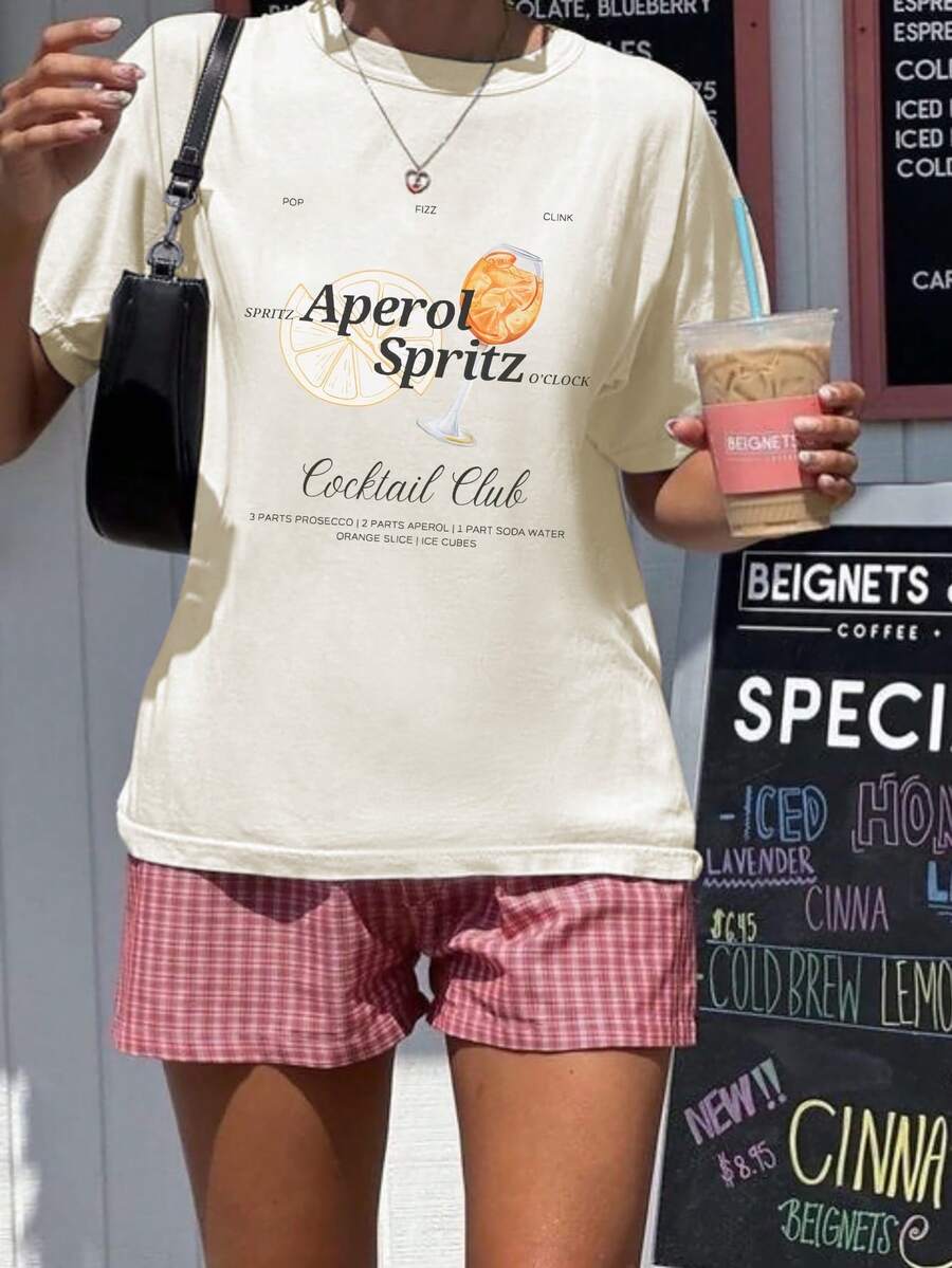 Aperol Spritz 印花宽松女式短袖T恤,图案印花,夏季T恤,女式短袖T恤,上衣,夏季服装,度假,旅行,海滩风,简约度假装 - 杏色 - 查看 1