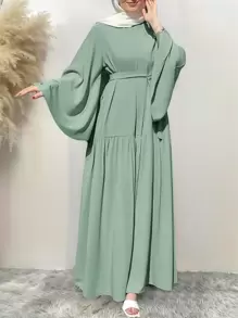女士优雅纯色宽松喇叭袖睡袍，度假波西米亚风，端庄服饰 - 薄荷綠 - 查看 1