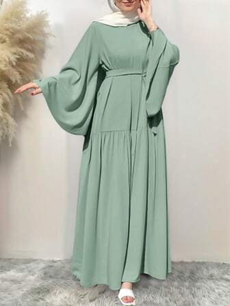 Elegant enfärgad abaya med lös klocka och ärm för kvinnor, semesterbohemisk bohemisk, blygsam outfit