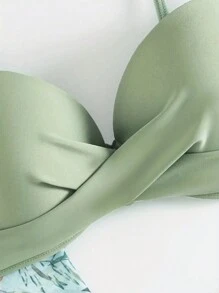 Tropical Print 3 Piece Bikini Set, V Neck Ruched High Cut With Long Sleeves Cover Up Shirt Swimsuits, Women's Swimwear & Clothing For Holiday - 綠色 - 查看 5