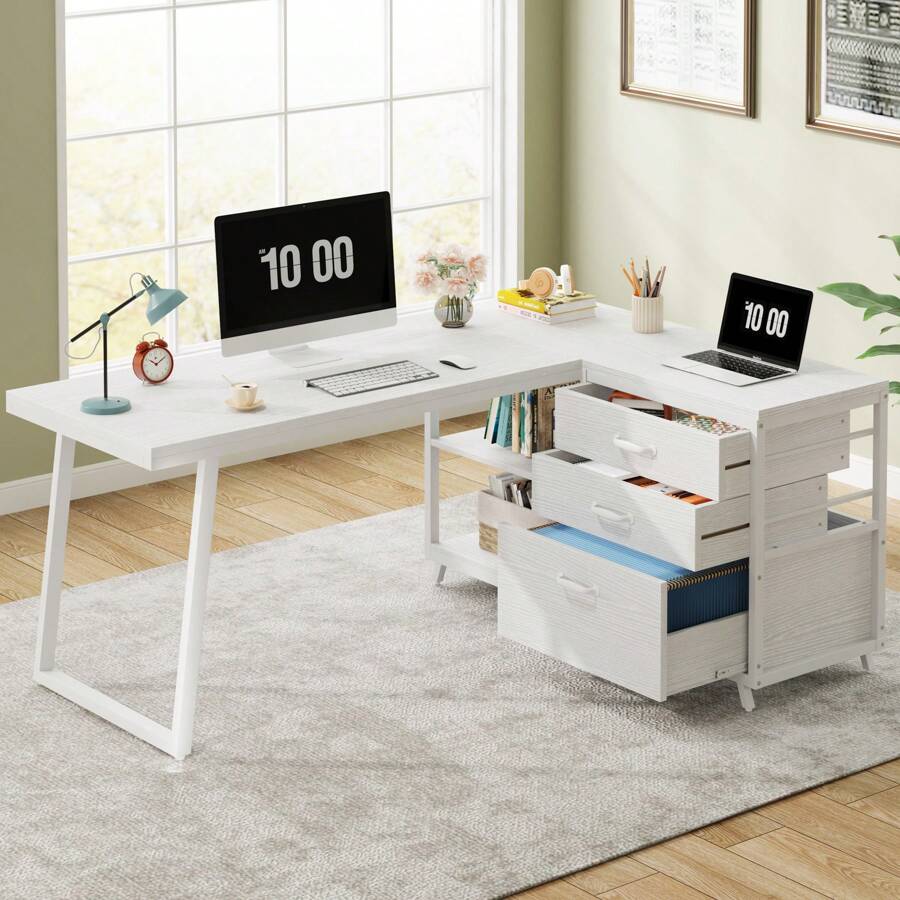 Tribesigns Reversible L-Shaped Desk With 3 Drawers, 53-Inch Home Office Desk, Industrial Corner Computer Desk With Shelves For Small Space - trắng - Xem 1