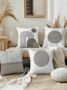 4pcs Geometric Striped Pattern Polyester Plush Cushion Cover Set, Popular Hot Selling Pillowcase For Sofa
