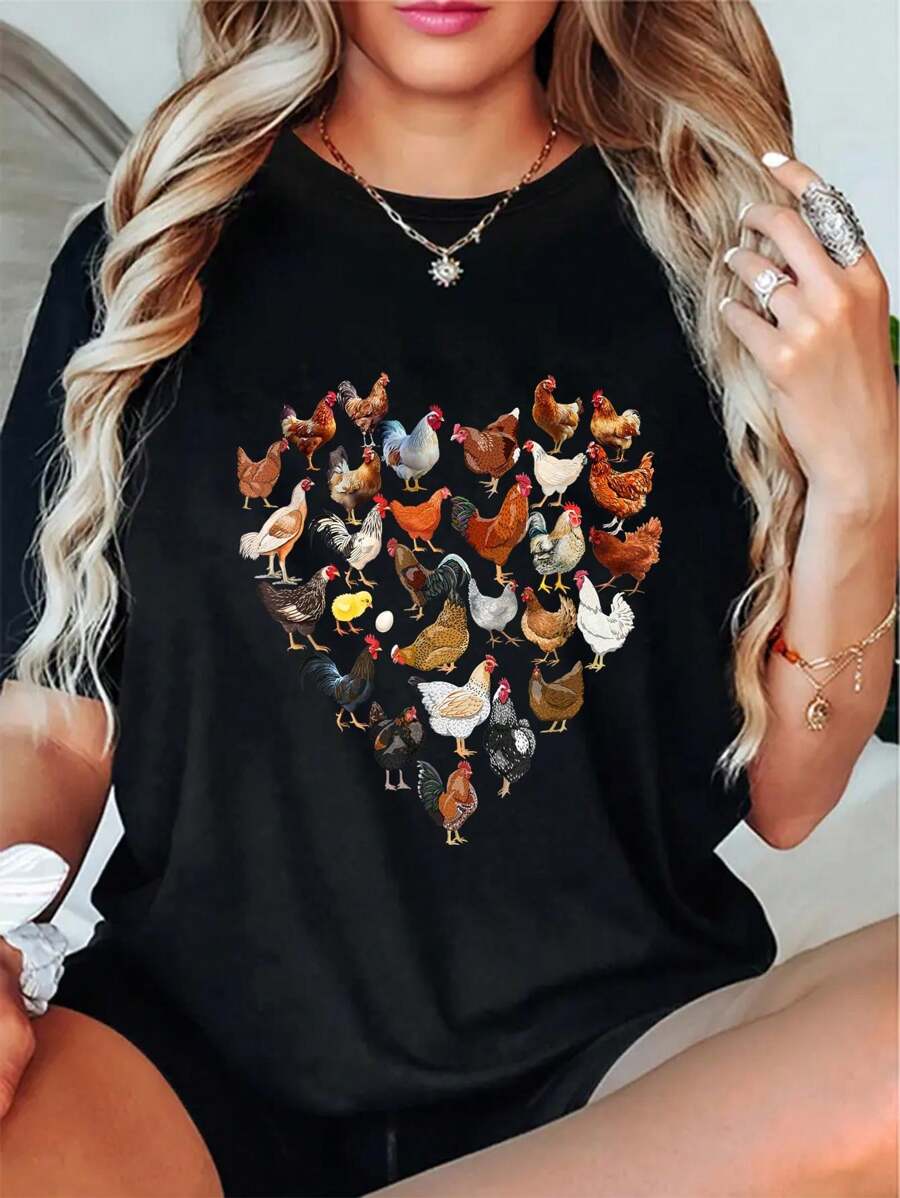 Chicken Love For Farmer Raising Chickens Farm T-Shirt Round Neck Short Sleeve T-Shirt Women's Men's Graphic Tee - 黑色 - 查看 1