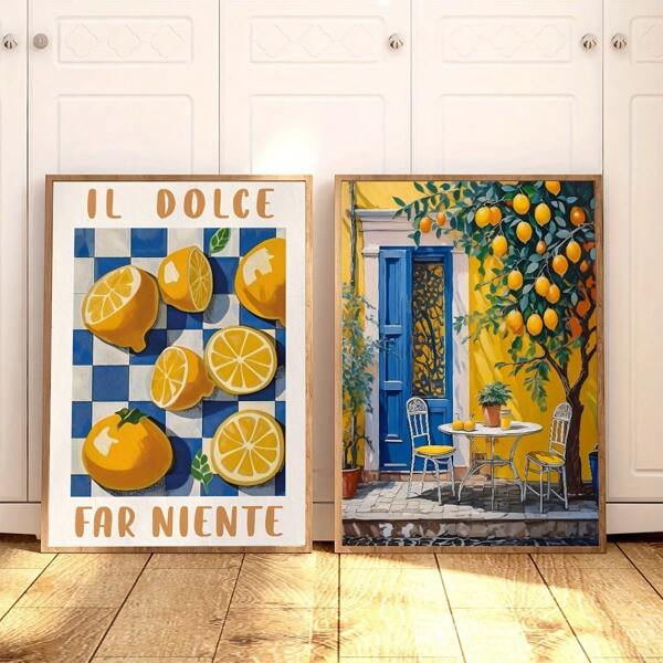 2pcs Set Frameless Canvas Art Prints - Vintage Italian Lemon Tree Landscape, Perfect For Bedroom, Living Room, Kitchen & Hallway Decor,Wall Art,Poster Gifts Birthday Graduation