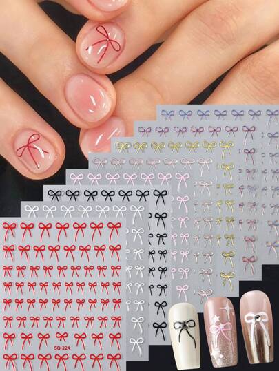 8 colores Pegatinas de arte de uñas 3D con lazo rosa y rojo para San Valentín, calcomanías deslizantes con lazo blanco y negro brillante láser para decoración de uñas de boda/Año Nuevo, suministros de uñas autoadhesivos