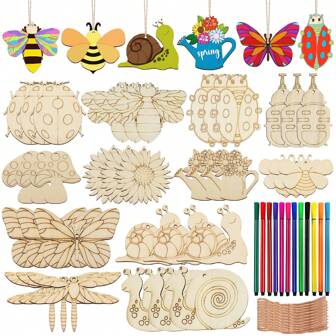 84 قطعة مجموعة أشغال يدوية للأطفال ذات موضوع الحشرات والحيوانات، طقم أشغال يدوية خشبية للأطفال، يشمل 36 قطعة خشبية، 12 قلم تلوين ملون، 36 خيط، مناسبة للأشغال اليدوية DIY والهدايا في عيد الميلاد للأطفال