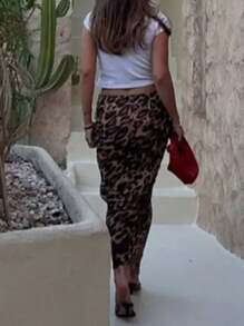 Women's Summer Bodycon Long Skirt Casual Mid Waist Leopard Print Slim Fit Skirt Elegant Midi Skirt - 深棕色 - 查看 3