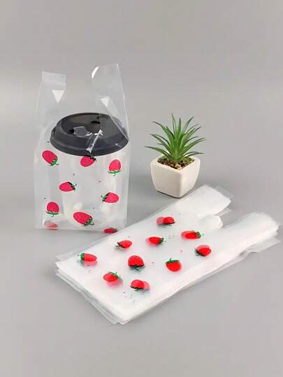 50/100/150 piezas Bolsas de embalaje con diseño de fresa, bolsas para llevar, bolsas con asas, aptas para pan, frutas, postres, alimentos, ropa, compras en general, suministros para hornear en casa