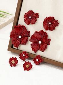 4pcs Asymmetrical Geometric Floral Pearl Inlaid Vintage Exaggerated Earrings Set For Women - Burgundy - View 2
