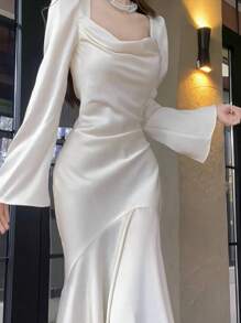 法式长袖鱼尾裙主持人女装新款时尚纯色缎面认证订婚礼服性感包臀女士晚礼服酒会聚会连衣裙婚礼宾客礼服