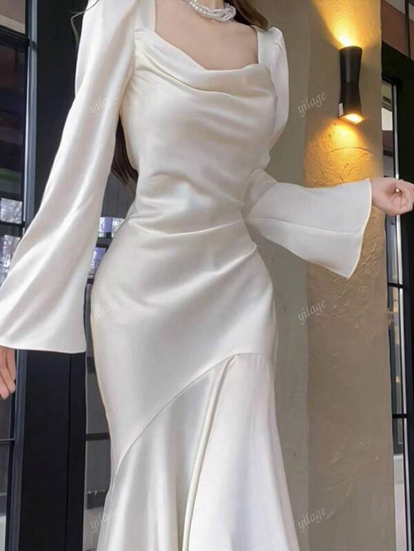 Französisches langarmiges Fishtail-Kleid Hostess Damenkleid Neue Mode einfarbiges Satinkleid zertifiziertes Verlobungskleid Sexy Tasche Po Damen Abendkleid Cocktailkleid Hochzeitsgast Kleid
