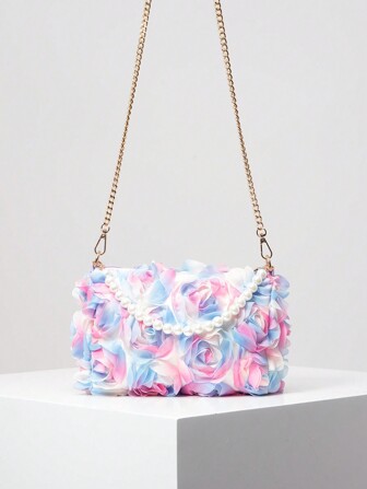 优雅 3D 玫瑰花金属链斜挎包、女士仿珍珠手提包、婚礼派对晚宴手拿包、女士派对礼服、派对包、闪光舞会钱包、情人节礼物、新娘钱包、伴娘钱包，适合派对、聚会、约会、舞会（图案随机）