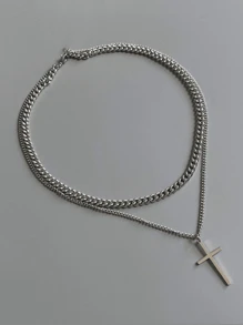 1pc Minimalist Double Layer Cross Necklace, Elegant Fashion Pendant For Men