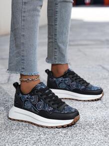 Women's Specially Designed Printed Non-Slip Lace-Up Comfortable Platform Casual/Sports Sneaker Shoes - Black - View 2