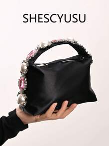 Bolsa de noite elegante para senhoras, bolsa de noite com strass em forma de lágrima de pérola falsa, bolsa de mão retrô de cetim, bolsa de festa de celebridades, leve e portátil, em formato de caixa de bento, corrente removível, adequada para uso diário ou festa à noite, bolsa para mulheres elegante, luxo