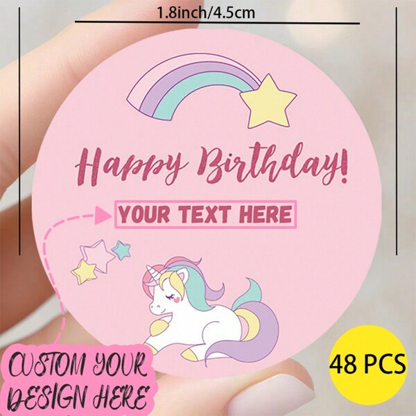 48pcs Birthday Stickers, Customizable Rainbow Unicorn Happy Birthday Paper Labels, Perfect For Party Favors And Decorations, Magical Design For All Ages,School Supplies,Back To School