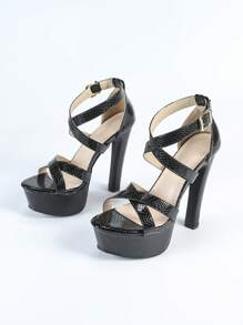 Women's Waterproof Platform High Heel Sandals, European & American Snake Skin Pattern Black Open Toe Sexy Fashion Versatile Cross Straps Roman Style Sandals