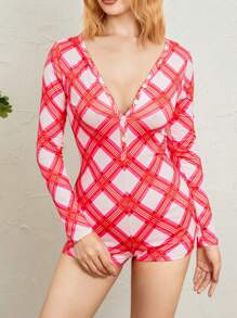 Women's Sexy Romper Shorts, Funny Print Long Sleeve Button Down Deep V Neck Bodysuit - Cuadrícula rosa - Ver 9