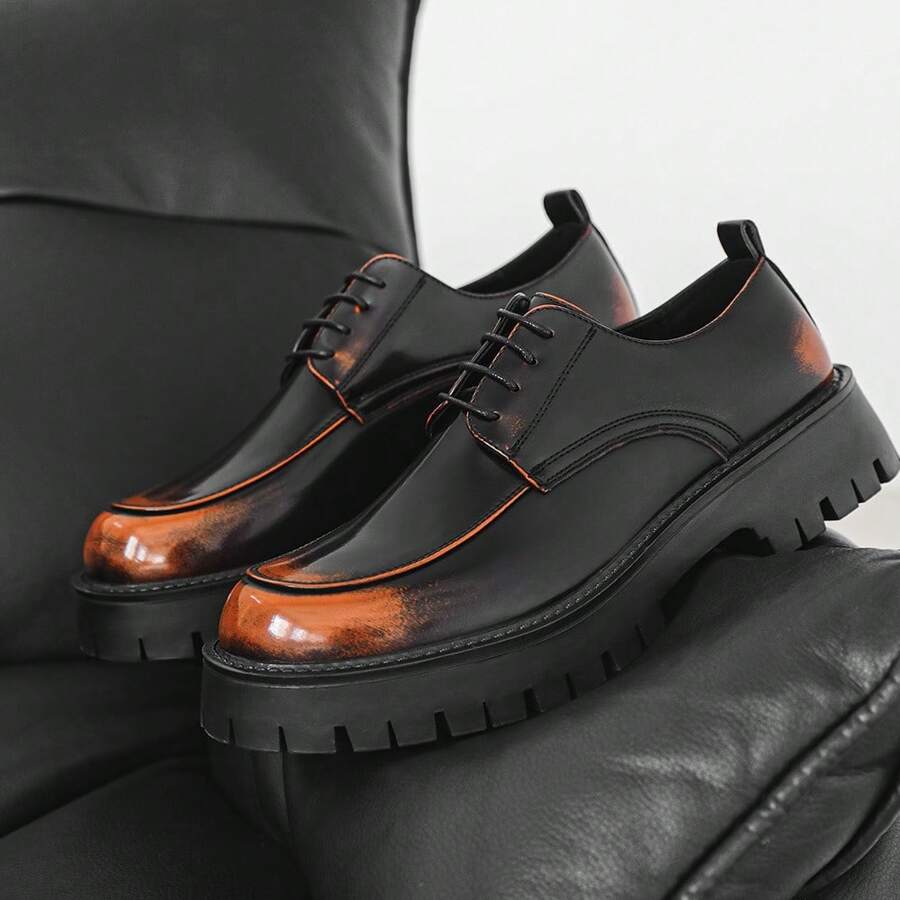 Men's Retro Black Glossy Leather Shoes, Orange Gradient Design, Thick Sole Non-Slip Wear-Resistant Business Casual Shoes, British Style Derby Shoes, Fashion Versatile Elevator Shoes, Personalized High-Gloss Patent Leather Shoes, Autumn/Winter New Stylish Sneakers