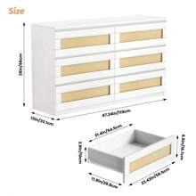 Rattan Dresser For Bedroom, 6 Drawer Dresser For Bedroom, Modern Chest Of Drawers With Anti-Tip Kit & Smooth Slide Rail, Wood Storage Dresser For Bedroom, Hallway, Living Room, White/Natural/Black - 白色 - 查看 3