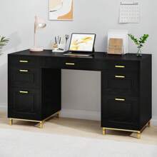 Computer Desk With Drawers, 58 Inch White Desk With Storage, Wood Computer Desk With 6 Drawers, Executive Desk With File Cabinet, White/Black - 黑色 - 查看 6