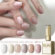 XEIJAYI XEIJAYI 6Pcs 15ML Jelly Ice Transparent Nude Green Blue Green And Colorful And Pure Gel Nail Polish Set Peelable UV LED Gel Polish, Glossy Finish, For Nail Salon And DIY For Beginners