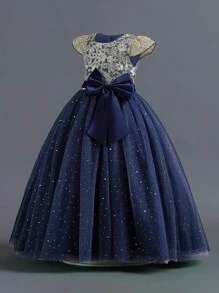 Tween Girls Embroidered Tulle Bow Princess Dress, Suitable For Flower Girl, Birthday Party, Piano Recital, Formal Occasions, Does Not Include Headband - Navy Blue - View 4