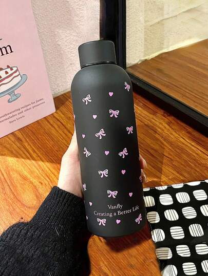 1PC 17 Oz (500 Ml) Stainless Steel Vacuum Insulated Cup With Heart Shape And Bow Design, Reusable Coffee/Water Cup, Party/Birthday Gift, Leak-Proof, Soft Touch Surface, Water Bottle, For Outdoor, Camping