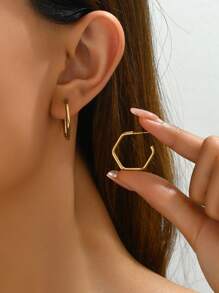 2入組幾何設計圓耳環 - 金黃色 - 查看 2